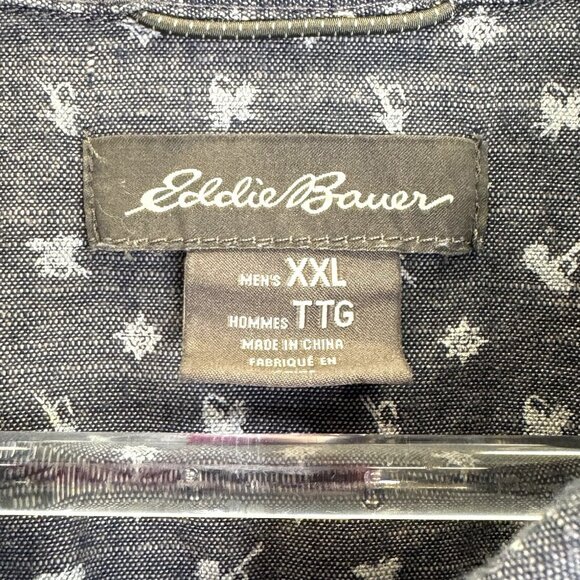 Eddie Bauer Grifton Shirt Mens XXL Blue Chambray Printed Short Sleeve Button Up - Picture 2 of 3
